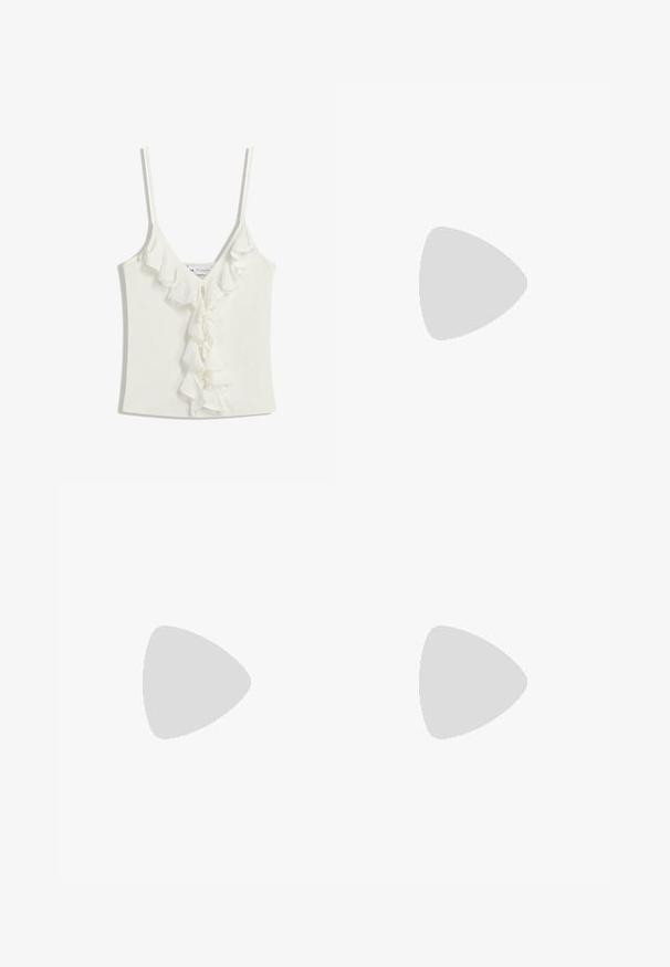 Valkoinen hihaton yläosa, jossa on V-pääntie ja rypytetty yksityiskohta keskellä. Valmistettu pehmeästä, teksturoidusta kankaasta.; Beige lakanist culottes med en skräddarsydd design, med platt fram, två sidofickor och knälång längd.; Bershka Korolliset sandaalit - black; Ruskean nahkainen olkalaukku, jossa on kaareva muoto, kultaiset yksityiskohdat ja solkiyksityiskohta. Varustettu irrotettavalla olkahihnalla.