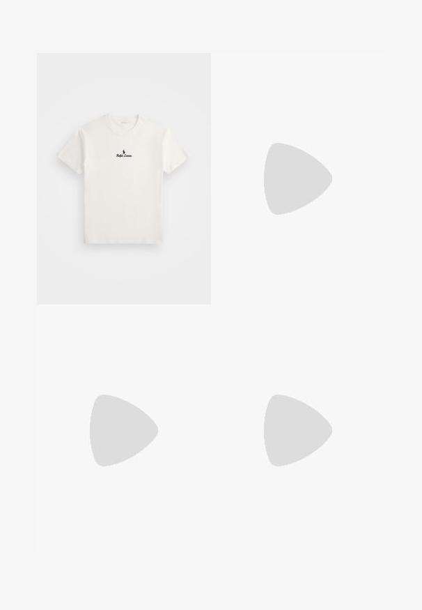 White cotton t-shirt featuring a black embroidered logo of a polo player and the text "Ralph Lauren" on the chest. Short sleeves, crew neck.; White denim shorts with a straight cut, featuring five pockets, a front button closure, and visible stitching. Smooth texture.; Black flip-flop sandal with a flat sole, made from sleek material. Features a minimalist design with a single strap and textured underside.; Black knit beanie and scarf set. Features ribbed texture and gold logo accents. Soft fabric with a sleek design, suitable for cold weather.