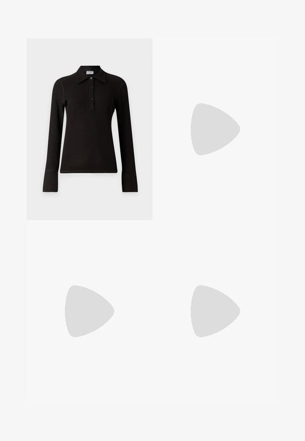 Filippa K Majica z dolgimi rokavi - black; Svetlo modra jeans krila z odprtinami spredaj in surovim robom. Ima klasičen pet-pocket stil in zapenjanje z gumbom na pasu.; Črne usnjene balerinke z zaobljenim nosom, gladko teksturo, minimalnimi šivi in fleksibilno zasnovo podplata.; Rjava usnjena torbica s poklopcem, zlato obarvani okovi, naramnica in gladka tekstura. Kompaktna pravokotna oblika.