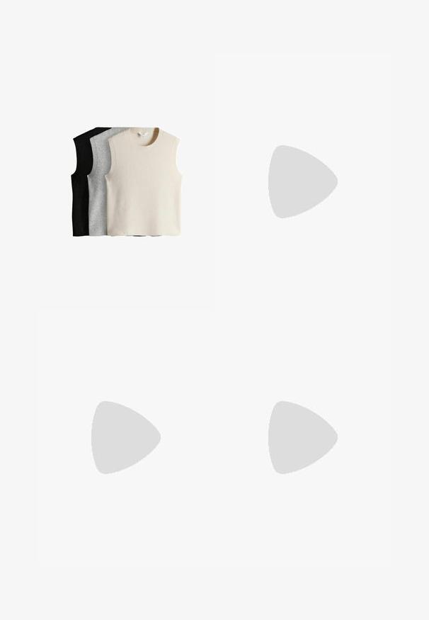 Drei ärmellose Pullover in Creme, Grau und Schwarz. Jeder hat einen gerippten Hals- und Saumabschluss und besteht aus weichem Strickmaterial.; Beige weit geschnittene Hose mit gebundenem Bund, die eine glatte Textur und ein fließendes Design aufweist. Getragen mit weißen Sneakers.; Schwarze Gummisandalen mit zwei verstellbaren Riemen, strukturiertem Fußbett und einer dicken, profilierten Sohle, die ein minimalistisches Design aufweisen.; Rosa Lederhandtasche mit strukturierter Form, ausgestattet mit einem Klappverschluss, einem verstellbaren Trageriemen und goldfarbenen Hardware-Akzenten. Texturierte Oberfläche.