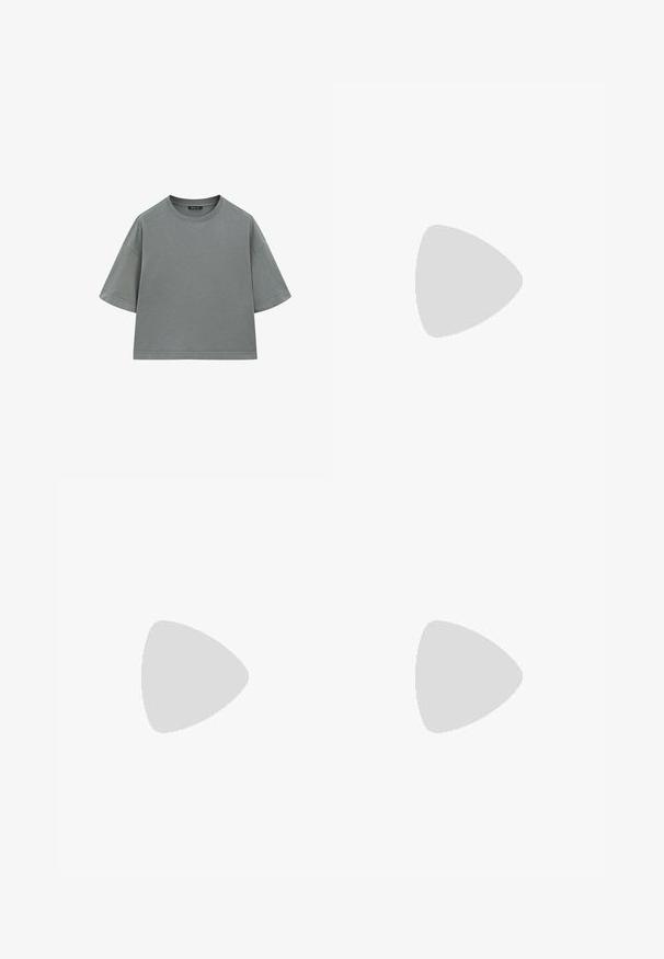 Grey cotton T-shirt with a relaxed, boxy shape, short sleeves, and a round neckline. Features visible stitching along edges.; Light blue denim wide-leg jeans with a high waist, five-pocket design, and a button closure. The fabric has a slightly faded texture.; White and beige sneakers with perforated accents, paired with blue denim pants featuring black floral embellishments.; Brown leather tote bag with two elongated handles, structured rectangular shape, smooth texture, and subtle stitching details.