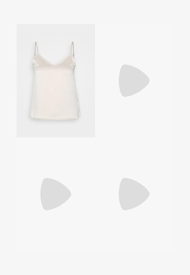 Silky beige camisole with thin adjustable straps and a subtle V-neckline, featuring a smooth, non-textured surface.; Light blue linen trousers with a relaxed fit, drawstring waist, and wide legs. Smooth texture, ideal for casual wear.; Light green athletic shoe with mesh and suede materials, brown accents, beige sole, textured design, and a signature logo on the side.; Yellow woven clutch wallet with a flap design, a detachable wrist strap, and a gold chain accent. Smooth texture and rectangular shape.; Silver hoop earring with a polished finish, featuring small gold accent details and a round shape, worn on the lobe.