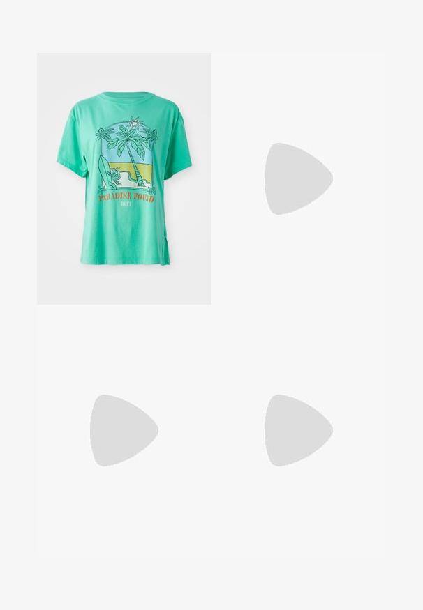 Muntgroene katoenen t-shirt met een graphic van palmbomen, een surfplank en een stranddecor met de tekst "PARADISE FOUND", ontspannen pasvorm, korte mouwen.; Lichtgroene wijde broek met een witte bloemenprint. Gemaakt van een textuurstof, met een elastische tailleband en een losse pasvorm.; Nike Sportswear FIELD GENERAL - Sneakers laag - off-white/black; Zilveren creolen met een gedraaide ontwerp, voorzien van een gepolijste afwerking en een post-back sluiting. Meet ongeveer 3 cm in diameter.