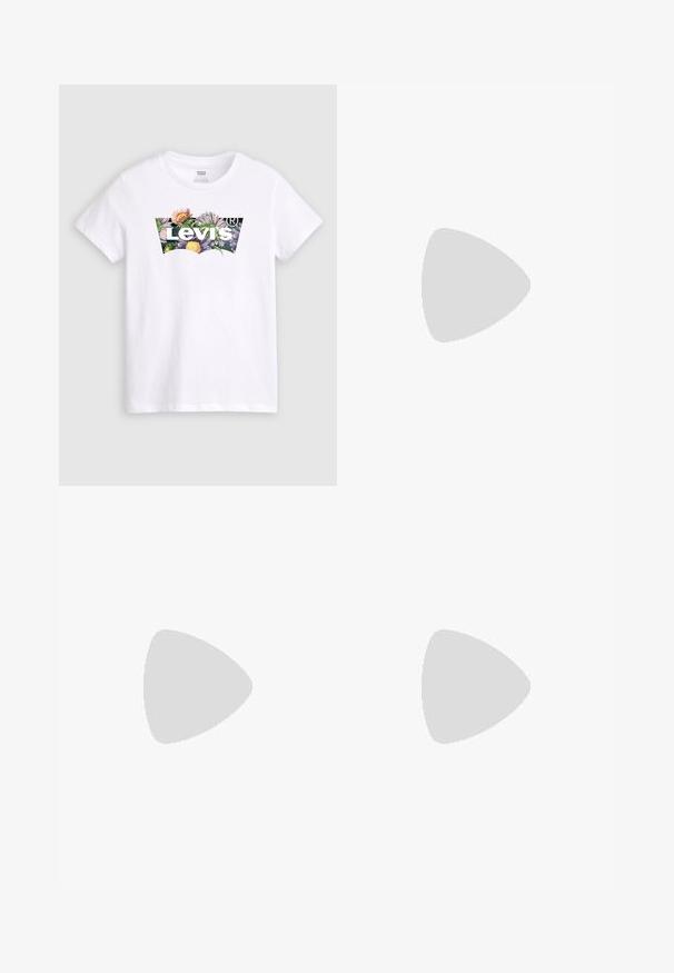 Hvid bomulds t-shirt med en farverig blomster grafik og "Levi's" tekst centreret i et buet design. Korte ærmer og rund hals.; Sorte denim jeans med en slim fit design, fem lommer og hardware i sølvfarve. Har en knaplukning og en glat tekstur.; Hvide sneakers med beige suede detaljer, rund tå og hvide snørebånd. Tekstureret gummisål og logo detaljer på hælen.; Beige stofpung med en rund form, der har en flad top og subtile sømdetaljer. Inkluderer et minimalistisk logo og en sideløkke.
