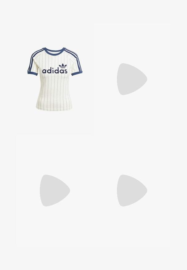 Adidas T-Shirt in Weiß mit gestreiften Details und marineblauen Akzenten, rundem Halsausschnitt, kurzen Raglanärmeln und auffälligem "adidas"-Logo auf der Vorderseite.; Weißer, ausgestellter Rock aus weichem Material, mit gerafften Seitenansätzen und verstellbaren Bändern, die eine fließende Silhouette erzeugen.; Weißer Sportschuh mit hohem Knöchel, Obermaterial aus Mesh und drei schwarzen Streifen. Verfügt über eine verstärkte Zehenkappe und eine strukturierte Sohle.; Flugzeugbrille mit einem verlaufenden blauen Glase, silbernem Metallrahmen und dekorativen Sternelementen auf dem Glas. Glattes und elegantes Design.