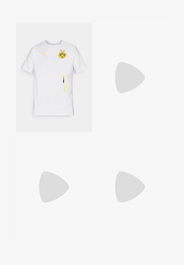 Camisa de desporto branca de mangas curtas, com um logo BVB amarelo, detalhes amarelos e um bolso com fecho na parte frontal esquerda. Material leve.; Calções de algodão amarelos com cintura elástica e cordão. Apresenta o logótipo branco "PUMA sports club" no lado inferior esquerdo. Textura suave.; Sapatilha de corrida azul clara com logotipo preto, sola branca espessa e forro interior preto, vista de lado sobre um fundo branco.; Mala de viagem preta feita de um tecido durável, apresentando compartimentos com duplo fecho, alças almofadadas e um logo branco da Puma na lateral.
