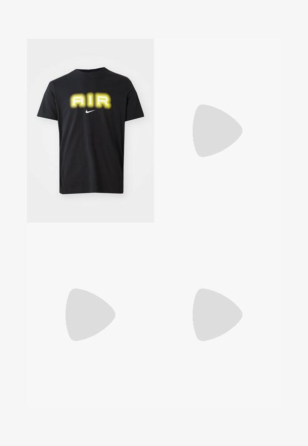 Melnas kokvilnas t-krekls ar lielu, spilgti dzeltenu "AIR" grafiku viļņveida dizainā un nelielu baltu Nike logo zem tā.; Kargo bikses ar teksturētu taupe audumu, kas aprīkotas ar vairākiem sānu kabatām, taisnas kājas dizainu un regulējamām siksnām apakšā.; Baltas skriešanas apavu pāris ar melnajiem akcentiem un oranžiem elementiem, ar sieta augšdaļu un kontrastējošu gumijas zoli, kombinēts ar pelēkām cargo biksēm.; Septi sudraba gredzeni ar dažādām dizaina iezīmēm, ieskaitot savītas, savienotas un iegravētas formas. Atšķirīgas formas un platumi.