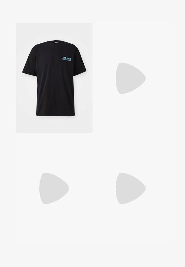 Svart bomull t-shirt med korta ärmar, med en blå "DICKIES WORKWEAR COMPANY"-logotyp på vänster bröst. Standard rund halsringning.; Olivgröna cargobyxor med elastisk midja, snörning och sidofickor. Tyget verkar mjukt med en slät yta.; Bruna mockaskor med vita snören och sidostripedesign, kombinerade med ljusbruna byxor mot en grön golvyta.; Flerlagerhalsband med silverkedjor och pärlor med hängen, inklusive nycklar och en fyrkantig berlock. Slät struktur med glänsande yta.
