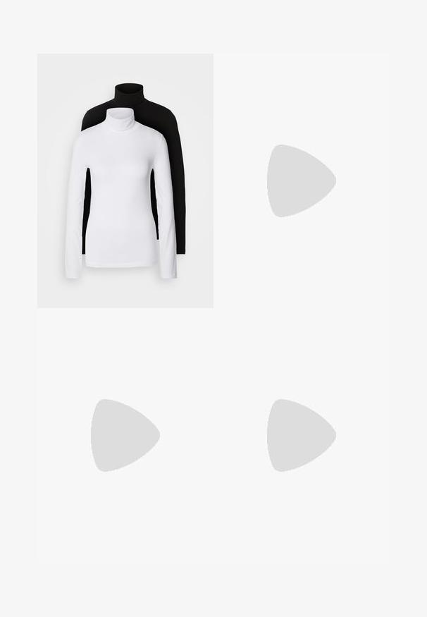 Du kišeninės ilgomis rankovėmis turtleneck marškiniai, vieni balti, kiti juodi, pagaminti iš lygaus, tampraus audinio, abu su siauru figūrą pabrėžiančiu dizainu ir aukštais apykaklėmis.; Juodi pritaikyti kelniai, pagaminti iš lygaus audinio, su tiesia kojų siluetu, priekinėmis raukinėmis ir mygtuko užsegimu juosmens srityje.; Juodas odinis loaferis su storais kulnais, storu padu ir dirželiu per viršų, rodoma iš šono ant baltos fono.; Sidabrinės pusmėnulio auskarai minimalistiniu dizainu. Apskritimo forma, lygus paviršius ir plonas profilis. Lengvi su poliruotu apdailu.