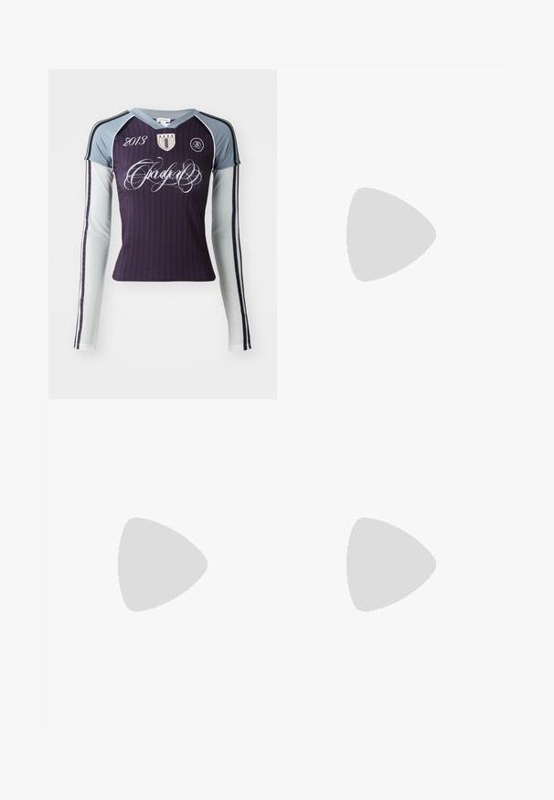 Long-sleeve athletic shirt in dark purple with light gray sleeves. Features vertical stripes, embroidered logo, and decorative text.; Black and white polka dot swim shorts with a drawstring waistband, featuring the number "93" on the front and a smooth, stretchy fabric.; White athletic shoes featuring a mesh upper with silver accents, a unique shape, and air cushioning in the heel. Laced design with logo.; Black rectangular glasses with clear lenses. Glossy finish, narrow arms, and purple tint visible at the edges of the lenses.