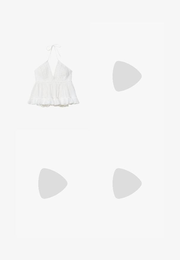 Haut sans manches blanc en halter avec décolleté en V profond, détails en dentelle sur le corsage et ourlet en peplum froncé pour une coupe fluide.; Pantalons blancs à jambe large avec une ceinture élastique, dotés de plis sur le devant et d'un tissu léger et texturé.; Sandale à glisser en cuir marron avec deux larges brides, accents de couture blanche, semelle en caoutchouc plate et design lisse et épuré.; Sac à main en cuir marron avec une forme conique, des poignées robustes et des coutures blanches contrastées. Dispose d'une bandoulière amovible pour plus de polyvalence.