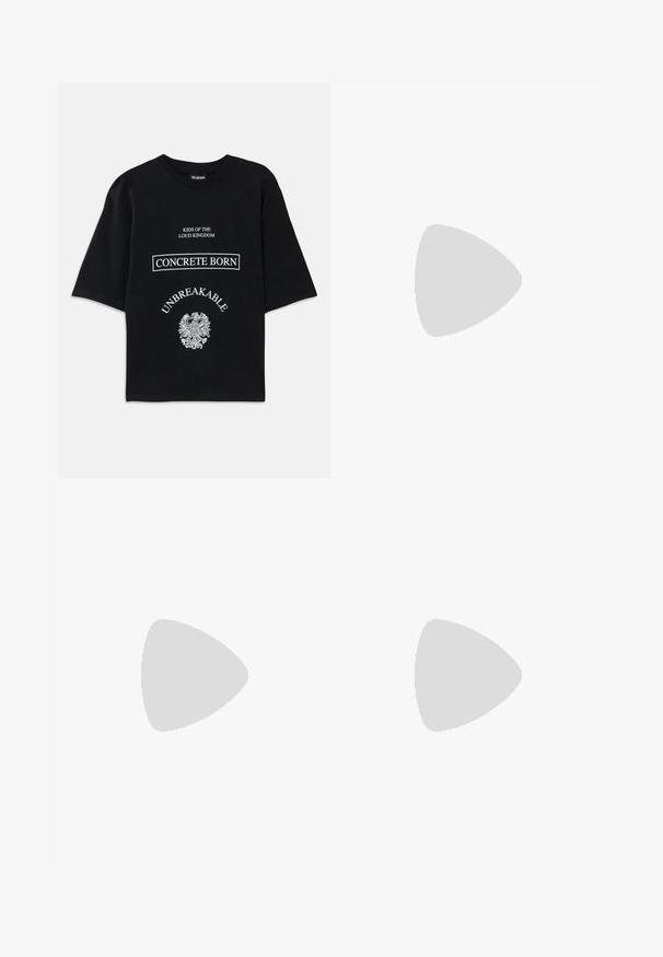 Black oversized T-shirt with white text "Kids of the Loud Kingdom," "Concrete Born," "Unbreakable," and a detailed eagle graphic below.; Black sweatpants with a relaxed fit, featuring intricate swirling stitching patterns along the sides and an elastic waistband with drawstring.; Sneakers featuring black and grey panels, textured mesh, smooth leather, and a cream rubber sole with a minimalistic design.; Black sunglasses with rectangular frames, light blue lenses, matte finish, and silver accents at the hinges. Made in Italy.