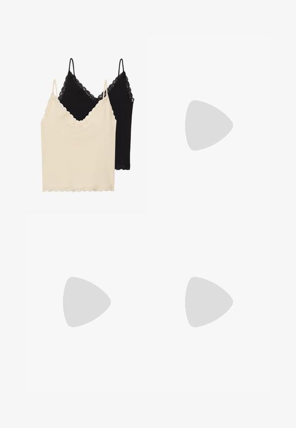 Dvi maikutės: viena kreminė ir viena juoda. Abi turi nėriniuotas apykaklės ir krašto detales, taip pat reguliuojamus spageti petnešas.; Kelių ilgio sijonas pagamintas iš lengvos medžiagos, su kreminiu fonu ir juodais taškais, turintis plačią siluetą.; Juodi odiniai mules su blokuoto kulno, atviru pirštu, kuriais galima mėgautis sklandžiu paviršiumi ir šiek tiek užlenktu viršumi, užtikrinančiu komfortą ir stilių.; Even&Odd Rankinė - black