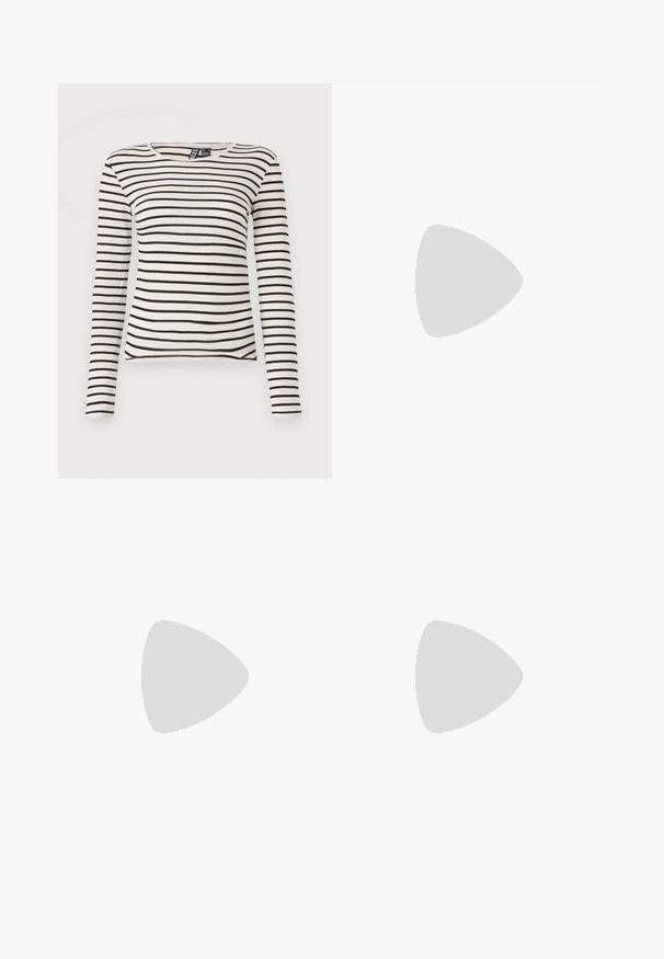 Striped long-sleeve top in cream and black. Features a ribbed texture and a crew neckline. Straight hem with slight side slits.; Black wide-leg trousers made from lightweight fabric. Features a button front, two side pockets, and a tailored waistband. No visible patterns.; Black leather platform loafers with a rounded toe and wide strap across the vamp. Features a chunky, square heel and smooth texture.; Cat-eye sunglasses with a black and orange tortoiseshell frame, brown lenses, and sleek, pointed tips. Features a minimal logo on the temple.