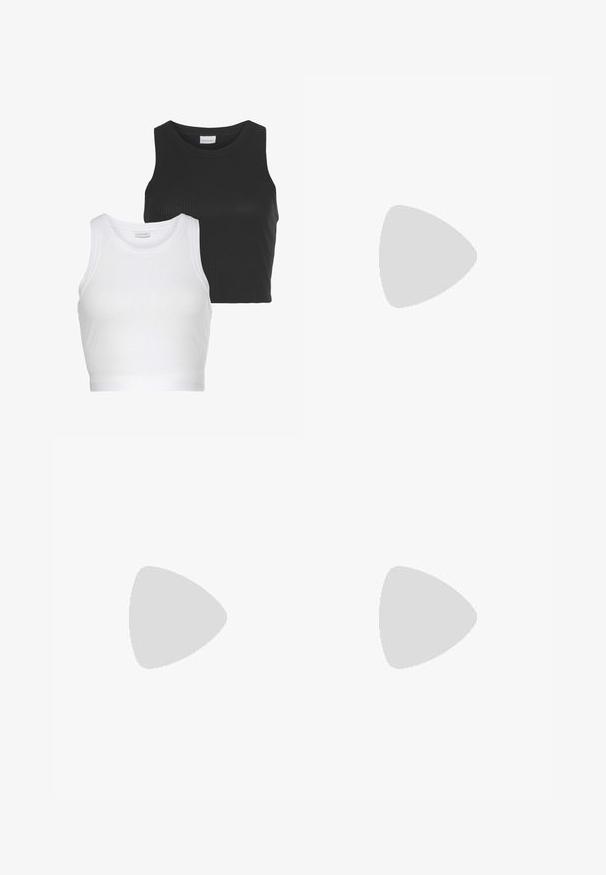 Due top a coste, uno nero e uno bianco, con scollatura rotonda e senza maniche. Ognuno presenta una silhouette aderente e una texture morbida.; Gonna nera in tessuto leggero, caratterizzata da una silhouette voluminosa con dettagli arricciati all'orlo e design plissettato in vita.; Sneaker Nike Air Force 1 grigia con punta perforata, tomaia in pelle liscia, suola spessa e dettaglio 'AIR' in rilievo sul tallone.; Occhiali da sole con montatura metallica rifinita in modo sottile in argento. Lenti ovali di colore grigio chiaro, dotate di stanghette sottili con un motivo blu e nero alle punte.