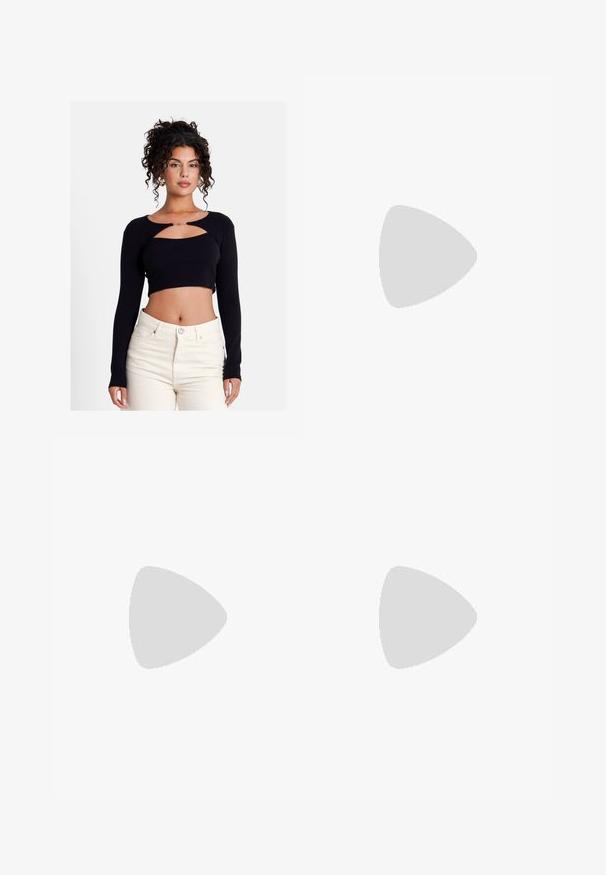 Top negro corto de manga larga con un corte delantero y acento dorado. Tela suave y diseño ajustado combinado con pantalones de color claro.; Top beige de manga larga con puños acampanados, combinado con una falda larga blanca de capas con costuras recogidas. El modelo lleva zapatos de tacón cuadrado beige.; Zapatos planos de cuero blanco con punteras afiladas, adornados con tachuelas plateadas y dos correas con hebilla en el empeine. Forro interior negro.; Gafas de sol rectangulares blancas con lentes negros, con un acabado mate y una textura suave. Las varillas son elegantes y ligeramente curvadas.; Bolso de mano de piel de cocodrilo blanco con dos asas, de forma rectangular y cierre de cremallera. Exhibido sobre un fondo claro.