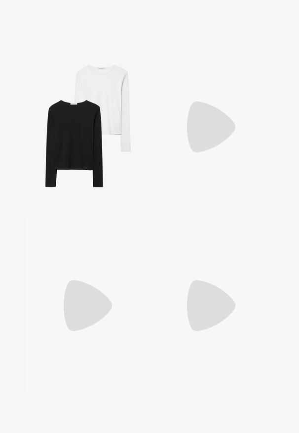 T-shirts à manches longues noir et blanc, avec des encolures rondes, un tissu doux et un design ajusté avec des ourlets droits.; Pantalons noir sur mesure avec une coupe droite, présentant des plis doubles, une texture lisse et des détails de couture frontale subtils.; Escarpins en cuir verni noir avec bout pointu et talon bloc géométrique. Présente un design élégant et minimaliste ainsi qu'une texture lisse.; Sac hobo en cuir noir avec une texture lisse, une forme incurvée et une seule sangle réglable ; dispose d'une large ouverture en haut.