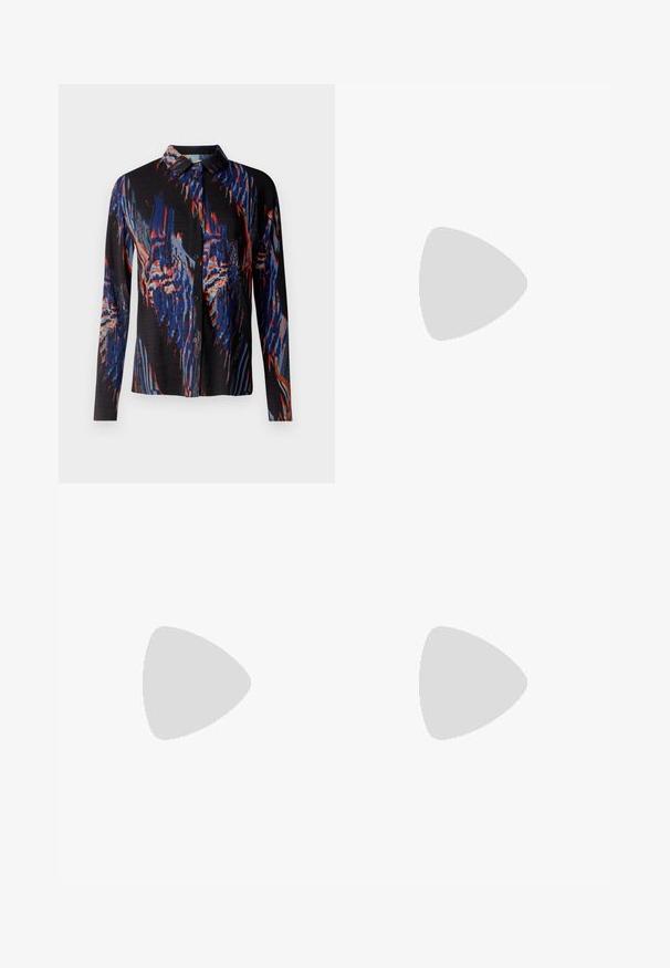 Camisa negra de manga larga con un vibrante patrón abstracto en azul, rojo y blanco. Presenta un cuello y un cierre frontal con botones. Tejido texturizado.; Falda blanca con rayas diagonales en navy, diseño fluido y textura suave. Cuenta con una cintura alta y una forma A amplia.; Bailarina de piel negra con punta redondeada, textura suave, detalle de costura minimalista y diseño de suela flexible.; Gafas de sol con marco de metal dorado, lentes verdes, forma redonda, patillas delgadas y acentos de plástico blanco en las puntas de las varillas.