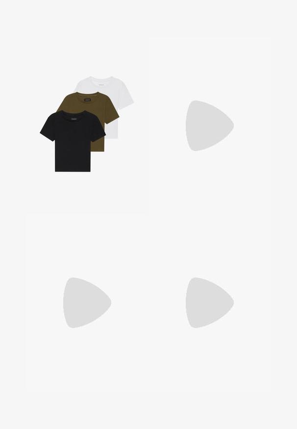 Three crew-neck t-shirts in black, olive green, and white. Short sleeves, ribbed necklines, and a fitted design.; Light blue denim jeans with a relaxed fit, featuring distressed details, a button fly with two buttons, and straight legs.; White leather sneaker with perforated toe box, textured sole, and white laces, paired with wide red pants and a blue and yellow background.; Brown tortoiseshell sunglasses with a vintage cat-eye shape and brown lenses. Features curved arms with red accents.; Gold hoop earrings with a smooth, shiny finish. Circular design featuring a small post and clear backing for secure wear.