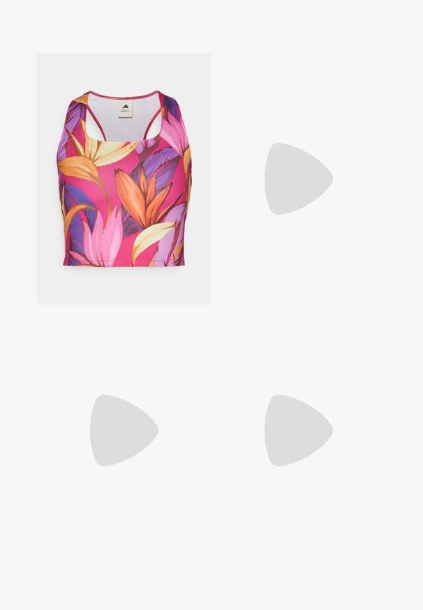 Ziedu sporta krūšturis ar daudzkrāsainu dizainu, galvenokārt rozā, ar oranžiem un violetiem lapu rakstiem. Izgatavots no elastīga auduma.; Melnas šortus, izgatavotus no elastīga auduma, ar pieguļošu dizainu. Iezīmēts ar plašu melnu jostasvietu, uz kuras ir uzraksts "TECHFIT", un ar baltu logotipu uz kājas.; Rozā sporta apavi ar sietiņa un gumijas materiāliem, ar teksturētu zoli, šņorēm un vieglu dizainu. Kombinēti ar purpura treniņa biksēm.; Melna sporta galvas lente ar gludu tekstūru, izliekta forma un elastīga augšdaļa. Malā ir mazs balts Adidas logo.