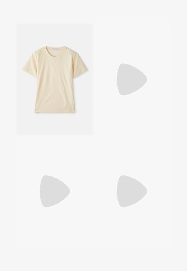 Cream-colored T-shirt made of soft, lightweight cotton, featuring short sleeves and a round neckline. No visible patterns or accents.; Wide-leg trousers in a light brown, made of textured fabric. Features front pleats and a fitted waistband. Simple design with no visible hardware.; Black patent leather slingback pump with pointed toe, slim heel, and a subtle cutout design. Features a gold buckle on the strap.; Brown suede handbag with a structured shape, rounded body, and elongated diamond-shaped handles. Features a silver hardware closure.