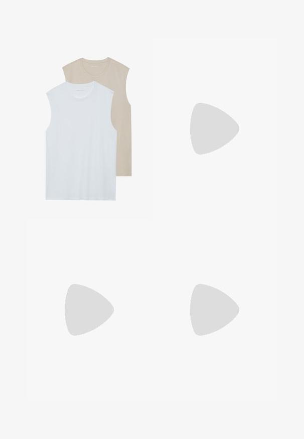 Deux chemises sans manches : l'une blanche, l'autre beige clair. Les deux ont un encolure ras du cou et sont fabriquées dans un tissu doux et lisse avec une coupe décontractée.; Shorts en coton beige avec une taille élastique, cordon de serrage et deux poches latérales. Texture lisse, design à mi-mollet.; Sneakers en cuir blanc avec motif embossé, semelle intermédiaire texturée blanche et accent noir au talon. Présentent une pointe arrondie et des lacets plats.; Lunettes de soleil noires de forme rectangulaire, verres foncés, accents argentés aux tempes et finition mate sur la monture.