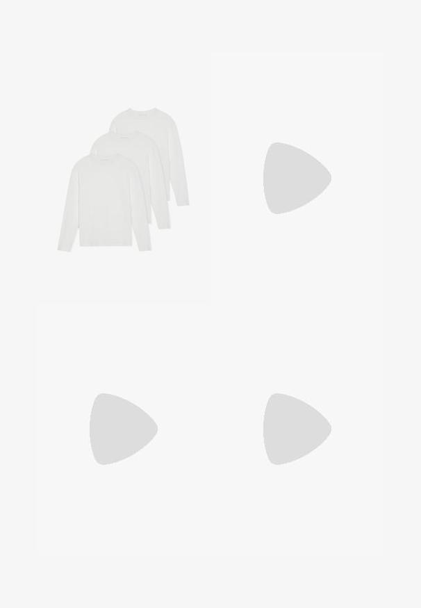 Sett med tre langermede T-skjorter i ensfarget hvitt. Laget av myk, lettvektig stoff med rund hals og et enkelt, upyntet design.; Sorte jeans med rett ben i denim, med fem lommer, beltehemper, og subtil fading på stoffet for tekstur.; Grå treningssko med overdel i nett og semsket skinn, hvite detaljer, en polstret såle, og et særpreget design med reflekterende elementer.; Tre-lags sølvmetallkjede med elegante, fleksible kjeder med en svak glans, sikret med en krabbe-lås og justerbar kjede.