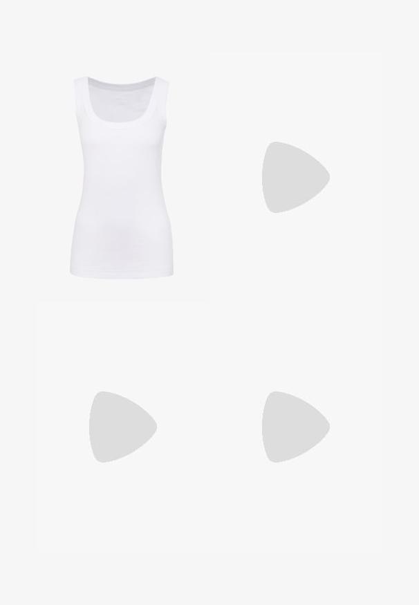 Witte mouwloze tanktop van gladde stof, met een ronde halslijn en een getailleerde snit. Geen zichtbare patronen of accenten.; Rode wijde broeken van een soepele stof, met voorplooien, een platte tailleband en een getailleerde pasvorm. Het ontwerp benadrukt een vloeiende silhouette.; Witte en beige sneaker met een gladde bovenkant en suède accenten, een gestructureerde zool en tonale stiksels. Vetersluiting met logo-detaillering.; Zilveren metalen oorbellen met ronde vormen, een gepolijste afwerking en subtiele graveringen van het merk "BOSS" op de onderste secties.