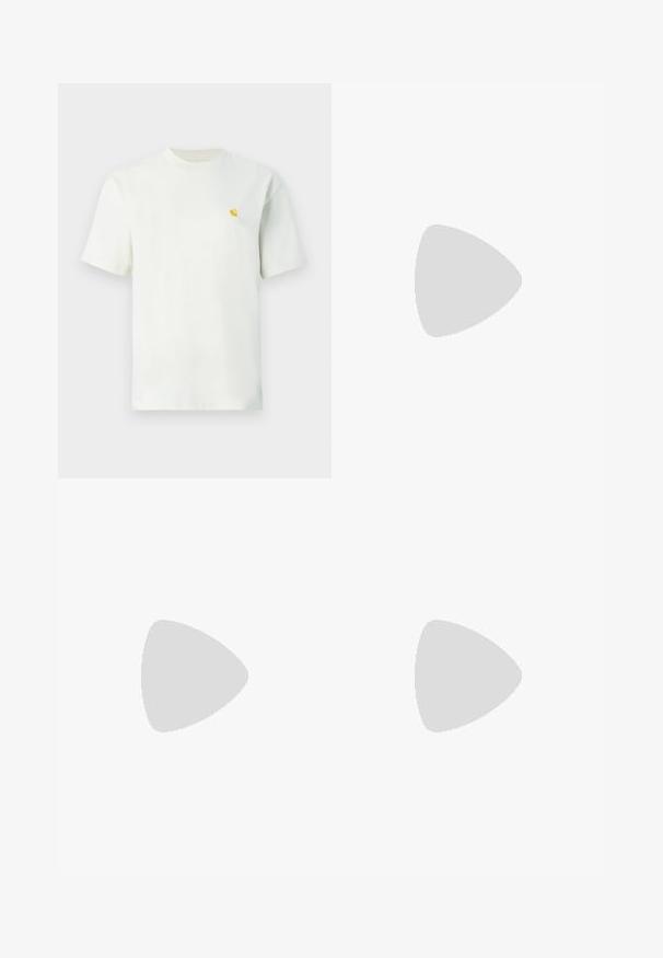 White short-sleeve crew neck t-shirt with a small yellow logo on the left chest, displayed against a plain background.; Beige denim shorts with a high waist, featuring contrasting yellow stitching, front pockets, and a branded metal button closure.; Nike Sportswear FIELD GENERAL - Trainers - off-white/black; White synthetic handbag with a triangular shape, flat front flap and bow detail, adjustable strap, smooth texture, and minimalistic design.