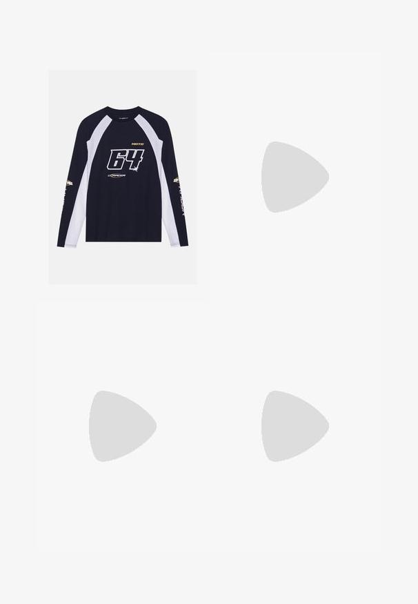 Long-sleeve T-shirt featuring a navy body with white raglan sleeves, bold "64" graphic in black and white, gold accents, and logo details.; Denim shorts in light blue with a straight cut, five-pocket design, and contrast stitching. Features a button and zipper closure.; Black and white checkerboard slip-on shoe with a white sole, featuring a canvas upper and elastic side accents for easy wear.; Black sunglasses with an oval shape and dark lenses. Sleek plastic frame with textured accents on the arms. Branding on the side.; Black tote bag with textured fabric, flat shape, dual leather handles, gold hardware accents, and logo detail on the front.