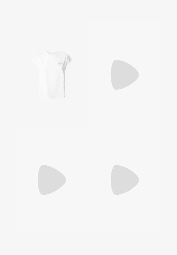 Valkoinen puuvillapaita lyhyillä hihoilla, pyöreällä kaula-aukolla ja vasemmassa rinnassa pieni painettu kuvio, jossa on tähtiä ja tekstiä.; Siniset leveälahkeiset farkut, joissa on korkea vyötärö, valmistettu denimistä. Sisältää kaksi takataskua ja metallinapit edessä. Siisti, minimalistinen muotoilu.; Valkoinen kangaskenkä paksulla pohjalla, pyöreällä kärjellä ja viidellä nauhakuutiolla. Takareunan vipu helpottaa pukemista. Sileä pinta, minimalistinen muotoilu.; Beige laukku, joka on valmistettu pehmeästä materiaalista, ja siinä on rento muotoilu, ommeltu yksityiskohtia ja kaksi olkahihnaa. Sopii päivittäiseen käyttöön.