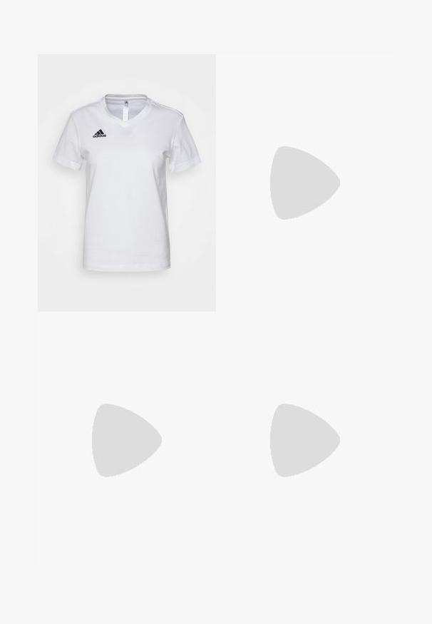 White cotton t-shirt with a V-neck design, short sleeves, and a black Adidas logo on the left chest area. Smooth texture, classic fit.; Blue athletic pants with orange side panels, white stripes along the sides, elastic waistband, and zippered hems. Adidas logo present.; Brown leather shoe with a smooth finish, round toe, and five eyelet lacing. Features yellow stitching along the sole and a textured heel.; Black fabric bag with a textured, quilted pattern. Rounded shape, short, thick handles, and a soft, flexible structure.