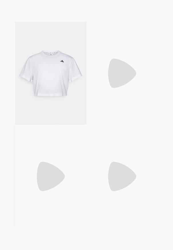 Hvid crop top lavet af blødt stof, med korte ærmer og rund halsudskæring. Sort logo på venstre bryst.; Blå sportsshorts lavet af letvægtsmateriale, med gule detaljer, snøre i livet og et hvidt logo i nederste højre hjørne.; Hvide sportssko med en mesh-overdel, grå detaljer, reflekterende striber og en lys orange-gul gradient-såle. Har en polstret mellemsål.; Sorte solbriller med mat finish, rektangulære linser, let kurve ved templerne, diskret logo detaljer og røgfarvede linser.