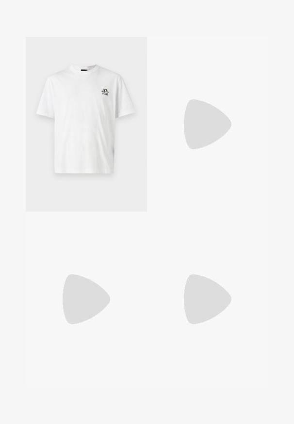 White cotton t-shirt with short sleeves and a crew neck. Features small multicolored graphic design on the left chest area.; Pink patterned swim shorts with an elastic waistband and black drawstring. Material appears lightweight with a textured surface.; Black suede sneakers with white rubber soles, featuring a rounded toe and laces, worn with gray tailored pants.; Black leather briefcase with dual top handles, a front pocket, and a detachable strap, featuring subtle branding at the bottom.