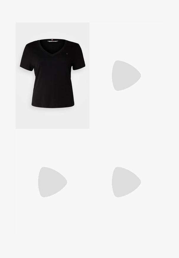 Black short-sleeve t-shirt with a v-neckline, made from a smooth fabric. Features a small embroidered logo on the chest.; Black trousers with a straight cut, featuring a smooth texture, two side pockets, and a waistband with loops. No visible fastenings.; Black heeled sandals with multiple thin straps and a wide block heel. Sleek design with a matte texture. Footbed has a slight curve.; Silver double-band ring with a smooth, polished surface. Features a fluid, curved design with overlapping sections for a modern look.