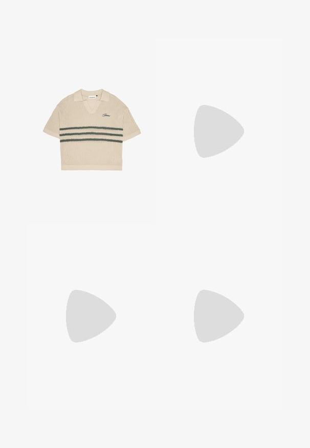 Polo en tricot beige avec un col en V, des manches courtes et des rayures vertes sur la poitrine. Présente un logo brodé en bleu.; Shorts rayés en tissu léger, avec des rayures verticales blanches, roses, grises et noires, dotés d'une taille élastique et d'un cordon de serrage.; Baskets Adidas noires avec rayures blanches, inscription dorée "Spezial", semelle en gomme et languette blanche au talon, présentées en vue de profil.; Lunettes de soleil avec monture en métal doré, verres verts, forme ronde, branches fines et accents en plastique blanc aux extrémités des branches.