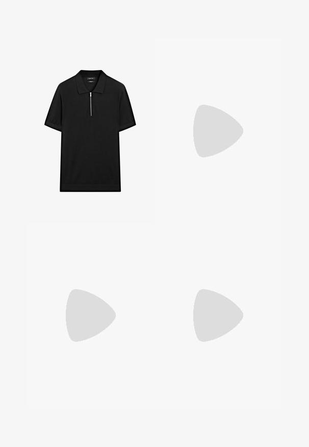 Black short-sleeve polo shirt with a stand collar and a front zipper. Made of a smooth fabric with a clean, minimalist design.; Blue denim jeans with a straight leg design, featuring front pockets and a zipper fly. The fabric has a medium wash with subtle fading.; Light beige loafers with a pointed toe, smooth material, a strap across the vamp, and a low brown sole. Simple design with minimal accents.; Black rectangular sunglasses with dark lenses, featuring a distinctive shape and branding on the temple. Worn by a person in a green shirt.
