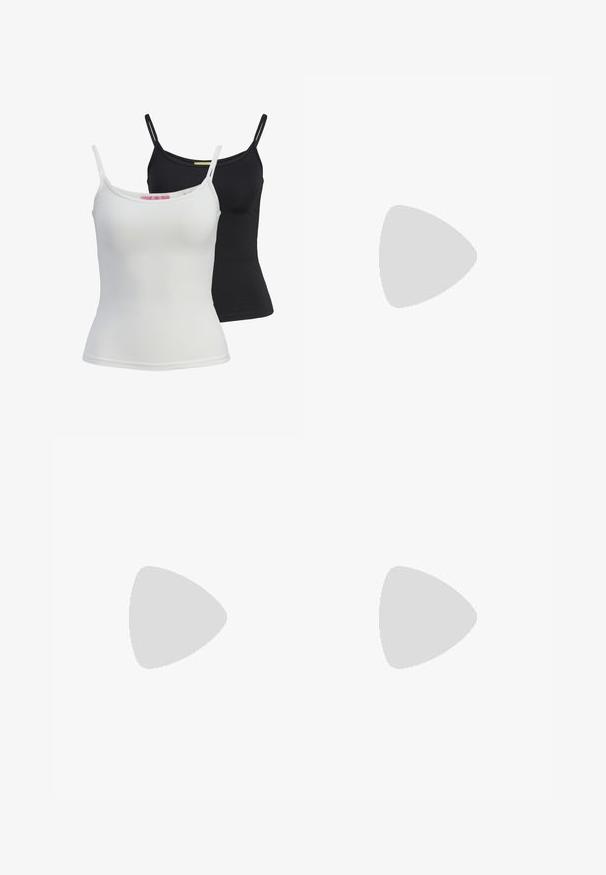 Due top basic in nero e bianco, realizzati in un tessuto liscio e elasticizzato. Presentano spalline sottili e un design semplice e aderente.; Pantaloni neri realizzati in robusto tessuto di cotone. Presentano un design a gamba dritta, passanti per cintura, chiusura con bottone e orlo pulito.; Infradito neri con suola in gomma testurizzata, due cinghie sottili e un sottile dettaglio del logo impresso sulla cinghia.; Occhiali da sole in plastica nera con lenti verdi, montatura quadrata, dettaglio argento sulla parte superiore e steli con texture. Marchio indicato sulla parte interna dello stelo.