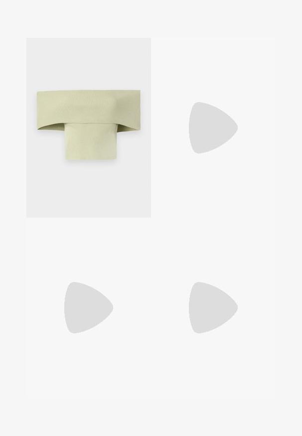 Ribbed, off-the-shoulder top in pale green, with a wide folded neckline and a snug, form-fitting shape, made from stretchy material.; Black denim shorts with a high waist, featuring five pockets, copper rivets, and a dark wash texture. Straight leg cut with a clean hem.; Black knee-high boots made of smooth faux leather with a chunky sole, side zip closure, and a rounded toe design.; Set of twelve hoop earrings in silver and gold tones. Includes twisted, smooth, and textured designs with various sizes and finishes.