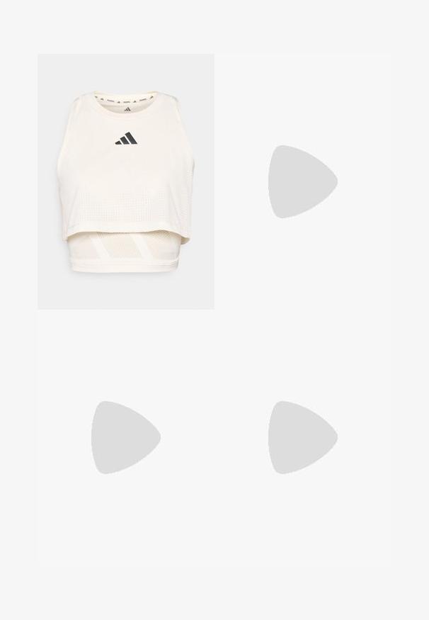 Top corto sportivo bianco realizzato in tessuto traspirante. Presenta un collo rotondo, una texture perforata e un logo nero sulla parte anteriore.; Pantaloni corti neri a vita alta realizzati in tessuto elasticizzato, con una texture liscia e un design aderente che arriva a metà coscia.; Scarpa da atletica bianca con strisce blu, tomaia testurizzata, suola piatta e marchio "LIGHTSTRIKE PRO" sul lato. Design a profilo basso.; Occhiali da sole sportivi con lenti grigie, dettagli arancioni e bracci bianchi a motivi. Progettati per le prestazioni con una forma avvolgente.