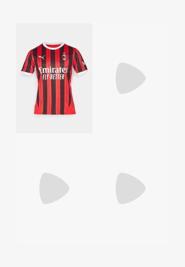Red and black striped football jersey with white collar. Features Puma logo, "Emirates Fly Better" text, and AC Milan club badge on chest.; Navy blue pants made from cotton twill with a flared design, featuring a front button closure and side pockets. Smooth texture.; Black leather loafer with a tasseled accent, featuring a chunky black sole and yellow stitching along the edge. Textured finish.; Green sunglasses with a sleek, wraparound design. Made of lightweight plastic, featuring tinted lenses and subtle branding on the temples.; Three-layered silver metal necklace featuring sleek, flexible chains with a slight sheen, secured with a lobster clasp and adjustable chain.
