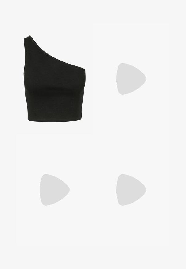 Fekete bordázott crop top aszimmetrikus, egyvállas kialakítással. Az anyag lágy, sima textúrájú, és testhez simuló fazonú.; Kék csíkos, széles szárú nadrág piros függőleges csíkokkal, könnyű anyagból készült, rugalmas derekú, zsinórral állítható és oldalsó zsebekkel rendelkezik.; Piros velúr sneaker fehér háromcsíkos dizájnnal és arany "Gazelle" felirattal. Gumi talppal és texturált sarokkal rendelkezik.; Fekete téglalap alakú szemüveg, átlátszó lencsékkel. Fényes felület, keskeny szárak, és lila árnyalat látható a lencsék szélén.