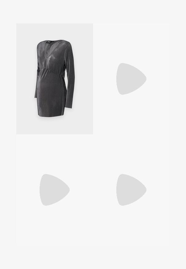Black and silver striped maternity dress with a V-neck, long sleeves, and an empire waistline, designed for comfort and style during pregnancy.; Black wide-leg pants with an elastic waistband and a smooth, stretchy texture. Features a simple design, no patterns or embellishments.; Black leather pump with a pointed toe and a low block heel. Features an ankle strap with a gold-tone buckle. Smooth texture.; Black handbag with structured shape, smooth texture, and a metallic clasp. Paired with wide black pants and open-toe sandals on wooden floor.