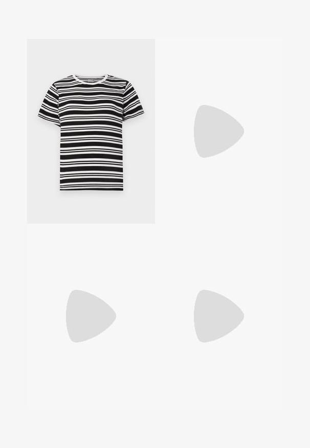 Czarny i biały krótki rękaw t-shirt z poziomymi paskami o różnej szerokości oraz klasycznym okrągłym dekoltem. Miękka bawełniana tkanina.; Maje PROMESSA niebieski; Czarne skórzane czółenka z ostrym noskiem, z paskiem na kostce i grubym obcasem. Gładka faktura, elegancki design i minimalistyczna estetyka.; Czarna skórzana torba tote o gładkiej fakturze, prostokątnym kształcie i dwóch długich uchwytach. Brak widocznych elementów metalowych i ozdób.