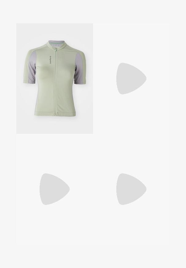 Maglia da ciclismo a maniche corte di colore verde chiaro con dettagli viola. Presenta una zip frontale, colletto rotondo e tessuto testurizzato.; Pantaloni da ciclismo blu navy con bretelle incrociate, tessuto traspirante, zona sella imbottita e dettagli testurizzati lungo le gambe.; Giro STYLUS  - Scarpe da ciclismo - white; Sweet Protection SHINOBI UNISEX - Occhiali da sole - rig topaz/satin white
