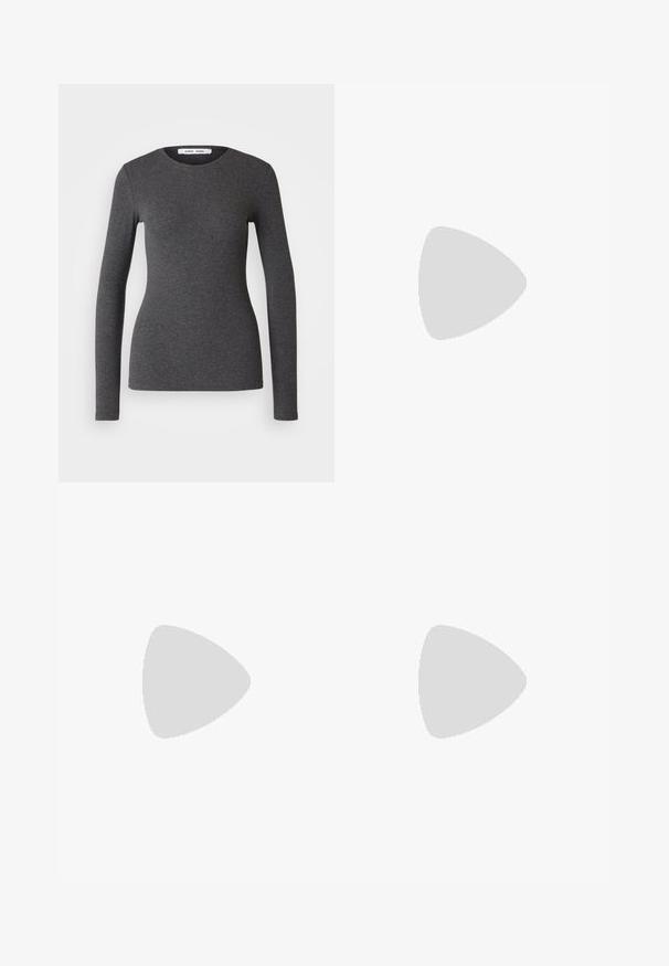 Long-sleeved, round-necked top in dark gray, made from ribbed fabric with a fitted design, featuring a smooth texture and minimal detailing.; DRYKORN CEILING - Trousers - green; White and beige sneaker with a smooth leather upper, suede accents, rounded toe, and a textured rubber outsole. Brand name printed on the side.; Silver metal earrings with a smooth, teardrop shape and a polished finish. Subtle engravings add detail. Minimalist design.