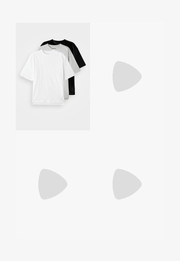 Three short-sleeve T-shirts in white, gray, and black. Each has a classic crew neckline and a smooth, cotton-like texture.; Black wide-leg trousers with a pleated front, side pockets, and a smooth fabric texture. Designed for a relaxed fit.; Black leather shoes with a rounded toe, stitched detailing, and a thick, rugged sole featuring distinctive grooves. Plain lace-up design.; Black messenger bag made of smooth material, featuring a fold-over flap, silver clasp hardware, and an adjustable shoulder strap.