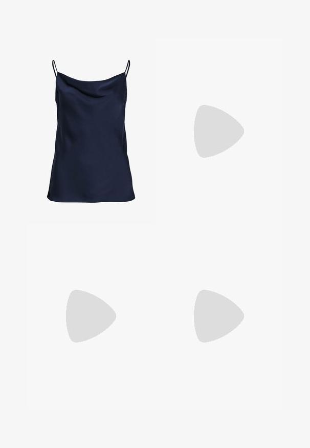 Navy blue satin camisole with a draped neckline, thin adjustable straps, and a soft, smooth texture. Simple design with no patterns.; Flared jeans in dark blue denim with a smooth texture. Features front pockets and a classic waistband with button closure.; Steve Madden KARI - Classic heels - blue; Brown tortoiseshell sunglasses with oval lenses and dark grey tint. Features a gold-tone accent on the temples. Smooth plastic texture.