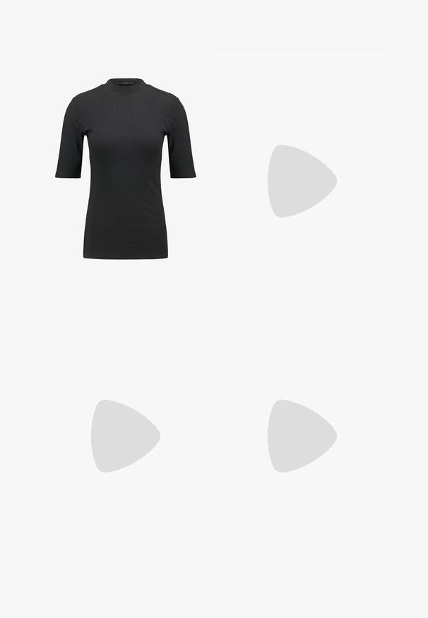 T-shirt noir à côtes avec un col montant et des manches courtes. Design lisse et ajusté sans motifs ni détails matériels visibles.; Jupe fluide à taille élastique avec une base bleu marine ornée de motifs paisley beiges complexes et d'accents floraux. Tissu doux avec une texture lisse.; Ballerines en cuir noir avec un bout pointu, sangle ajustable et petit talon ; texture lisse avec un design minimaliste.; Boucles d'oreilles en argent au design minimaliste. Forme circulaire, texture lisse et profil fin. Légères avec une finition polie.