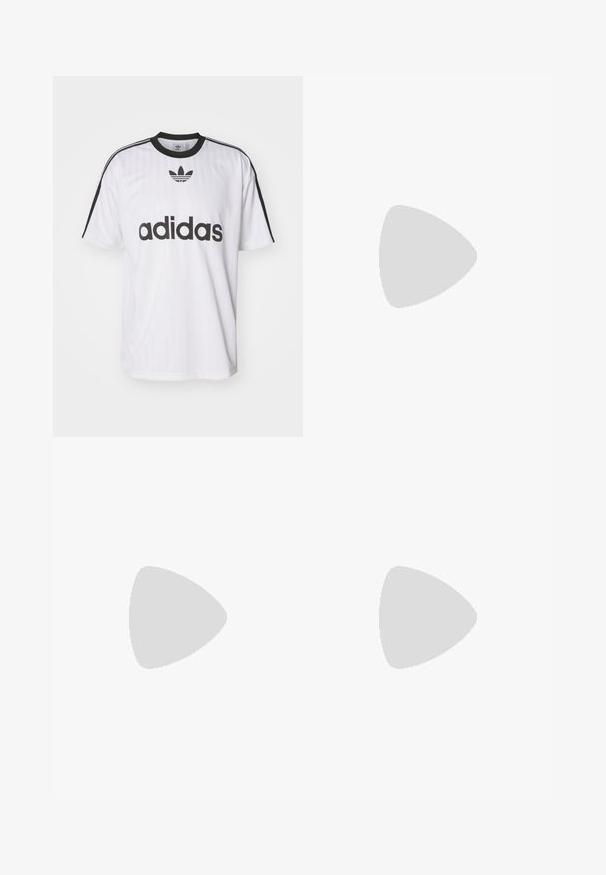 Balta Adidas T-kreklu ar melniem akcentiem, apaļu kakla izgriezumu un lielu melnu logo uz priekša. Īsas piedurknes ar melnām svītrām. Strukturēta auduma.; Melno denima kopas ar regulējamiem siksnām, priekšējo kabatu un zelta furnitūru. Audumam ir strukturēta, izturīga izskata.; Beige zamšādas sporta apavi ar sarkanām un baltām svītrām, gumijas zole un šņorējama aizdare. Zelta zīmols sānos, mīksts apkakle komfortam.; Melna auduma crossbody soma ar rāvējslēdzēja aizdari, kurai ir balts Adidas logo un svītrainas regulējamas siksnas ērtiem pārvietošanās veidiem.